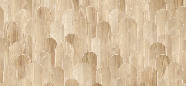 light beige wooden wallpaper texture displaying a seamless, overlapping scalloped arch pattern with clean natural timber grain.