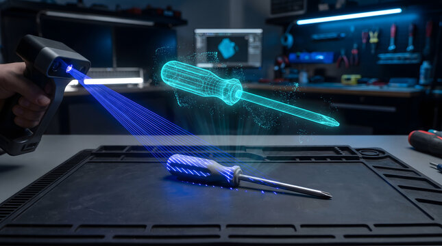 Handheld 3d scanner captures holographic blueprint of screwdriver in futuristic workshop setting with create holographic wireframe scanner emitting blue