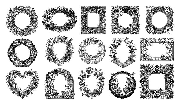 Botanical floral frame collection with mandala sunflower magnolia hibiscus and cherry blossom borders in circle heart diamond and square shapes