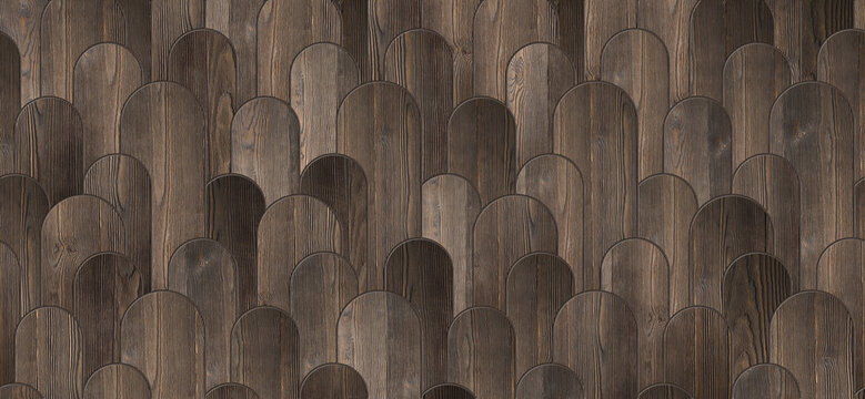 A dark brown wooden texture background featuring an elegant, repeating overlapping arched scallop pattern with rich natural grain.