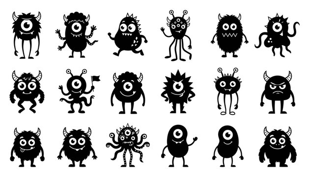Monster Character Icons Set with Cute Black and White Cartoon Faces and Different Silly Poses for Playful Designs