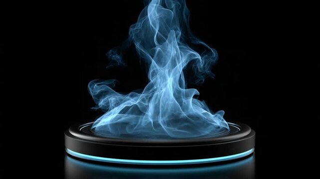 Modern wireless smart speaker with blue rim emitting mist or vapor on black background