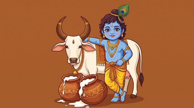 Krishna, wearing a yellow dhoti and orange shirt, holding a flute, standing next to a white cow with a golden bell around its neck, against a plain brown