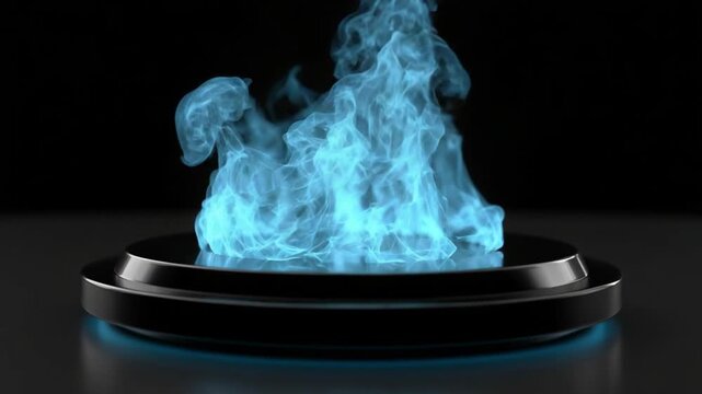 Modern electric stove with blue flames and glowing surface on black background