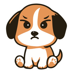 Obraz premium Cute cartoon puppy character with angry, frowning expression, flat vector illustration isolated on white background. Great for emoji sets, sticker packs, and mood-based designs