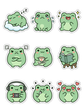 Cute green frog vector illustration sticker set featuring various emotional expressions and daily activities for creative and fun digital designs