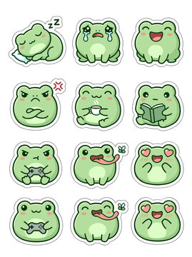 A cute collection of green frog vector illustration stickers displaying various emotional expressions and activities in a flat graphic style