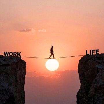 Work&ndash;Life Balance Concept with Tightrope Walker at Sunset