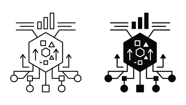 Data analysis and digital network processing icons with analysis, analytics
