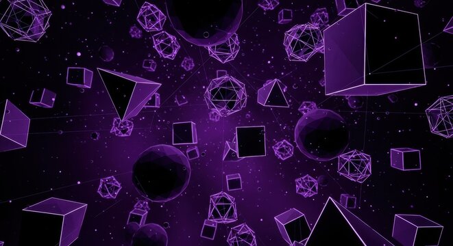 Futuristic Wireframe Shapes in Deep Purple Space.