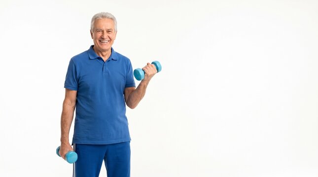 Happy senior man exercising with blue dumbbells, isolated on a white background. Perfect for senior wellness concepts.