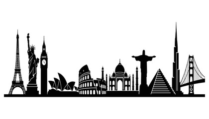 Naklejka premium Landmarks Featuring Iconic Structures From Around the World in a Minimalist Black and White Silhouette Style