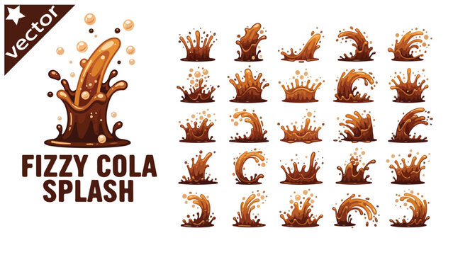 Fizzy cola splash vector set, brown soda liquid burst with bubbles, 25 carbonated drink splash elements for beverage advertising and packaging