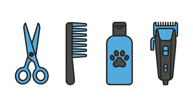 Pet grooming equipment including electric clippers and scissors.