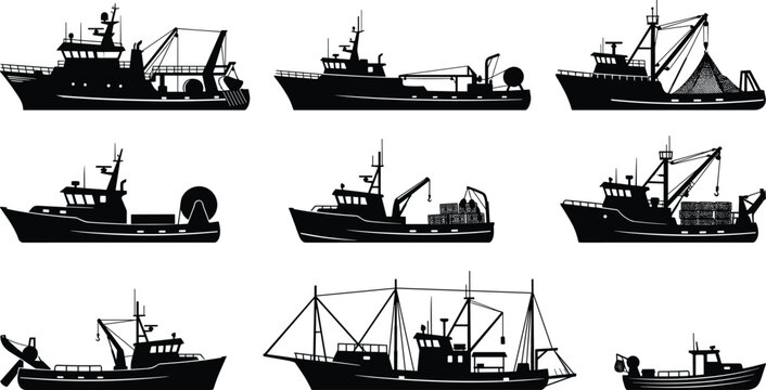 Collection of Commercial Fishing Boat Silhouettes with Trawlers, Trawler Vessels and Fishing Ships