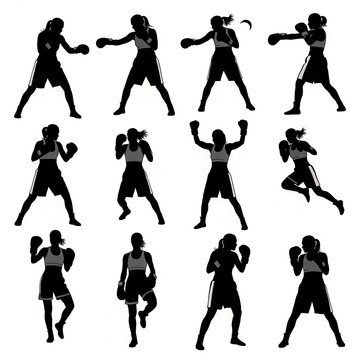 Silhouette of Female Boxers in Various Fighting Poses.