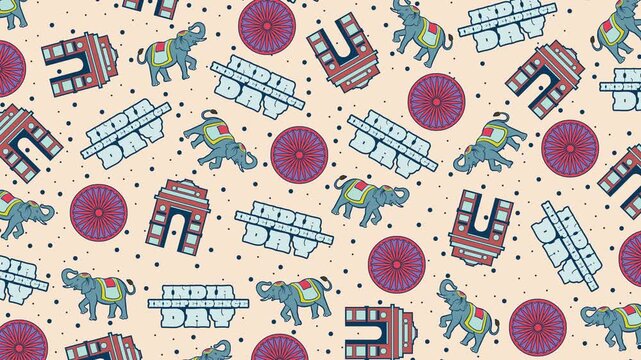 4K India Independence Day loop video in seamless pattern style with moving elephants, India Gate, Ashoka Chakra, and text on a beige dotted background for event backdrops.