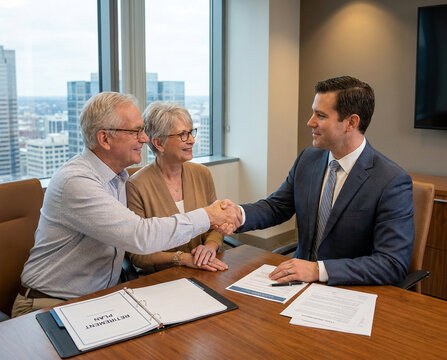 Couple de retrait&eacute;s rencontrant un conseiller financier dans un bureau moderne. Concept de planification financi&egrave;re, retraite, investissement, assurance et confiance professionnelle.