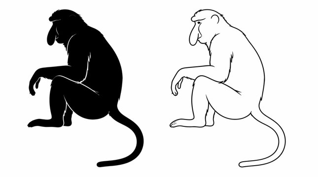 Proboscis Monkey Silhouette and Outline, Minimalist Animal Vector