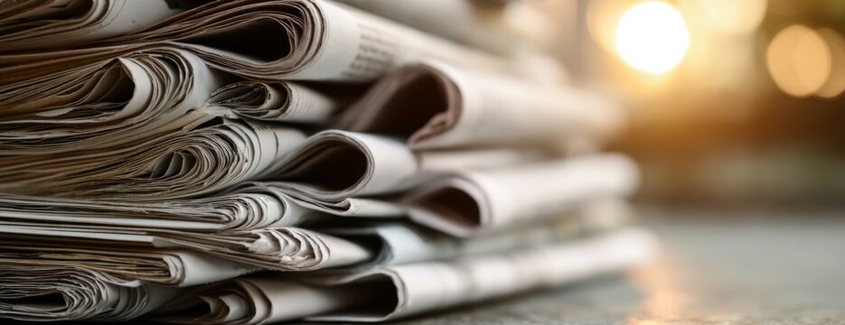 Stack of rolled newspapers with bokeh background in warm sunlight  