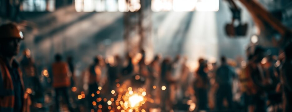 Blurred busy construction site with multiple workers and machinery  