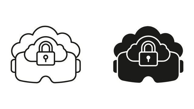 Secure cloud virtual reality headset icon set with security, technology