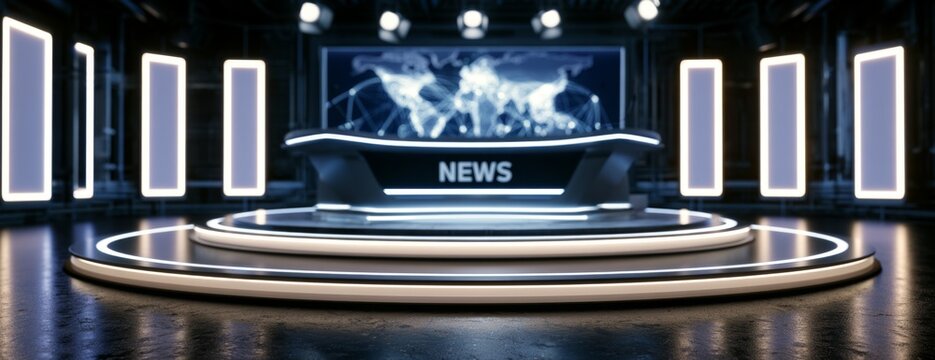 Modern news studio with bright lights and world map background  