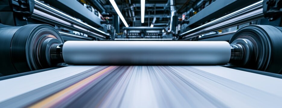 Printing press operation with high-speed rollers and paper feed, process of printing newspaper or magazine