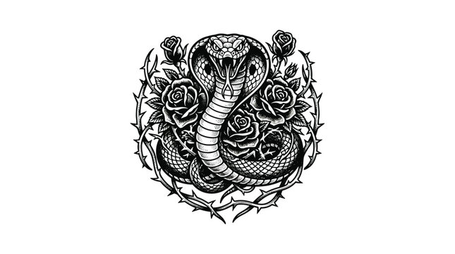 Coiled cobra snake illustration with a rose and thorn wreath.