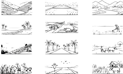 Fototapeta premium Vintage Black and White Rice Field Landscape Collection with Farmers and Rural Agriculture Vector Illustration