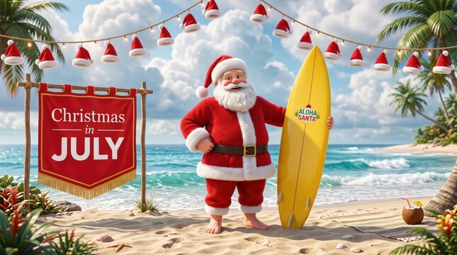 Santa claus standing on a tropical beach holding a yellow surfboard with a red banner sign reading christmas in july hanging on a wooden frame under a string of miniature santa hat lights