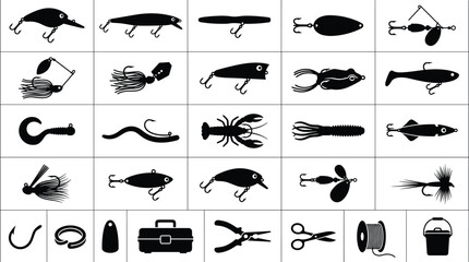 Diverse collection of fishing lures and bait, alongside essential tools and equipment for anglers © Fensi