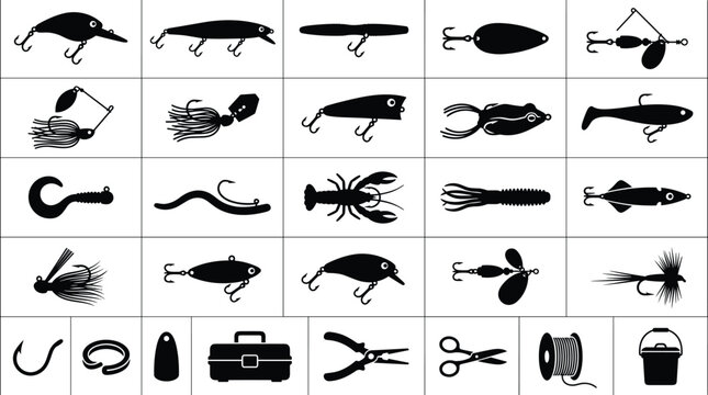 Diverse collection of fishing lures and bait, alongside essential tools and equipment for anglers