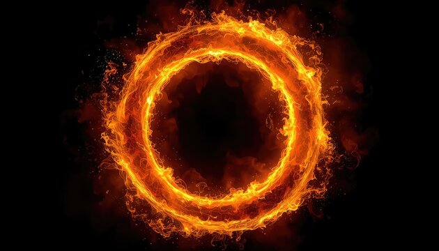 Realistic circular fire ring with burning orange flames and dark smoke isolated on transparent background, generative AI