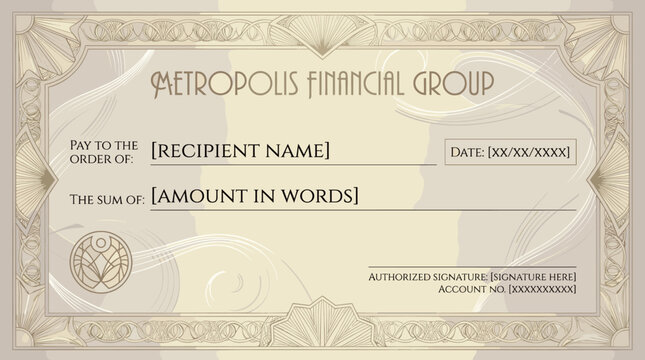 Elegant Metropolis Financial Group beige bank check template.