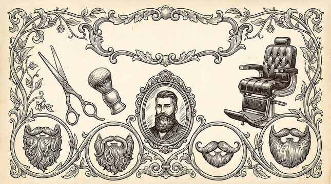 Vintage illustration of classic barber tools beard styles and portrait in ornate frame design with framed portrait within ornate decorative border