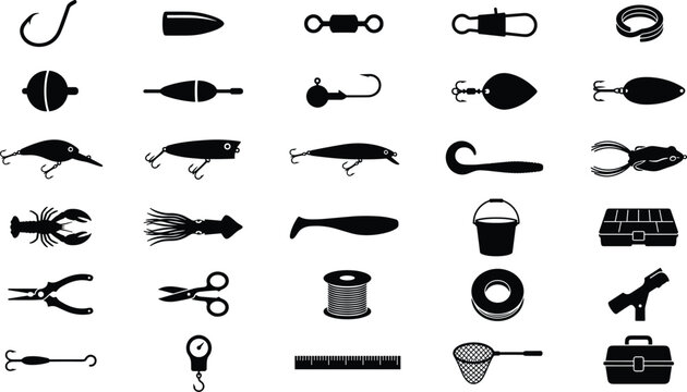 Set of black fishing equipment icons representing various tools and gear for anglers and fishing enthusiasts