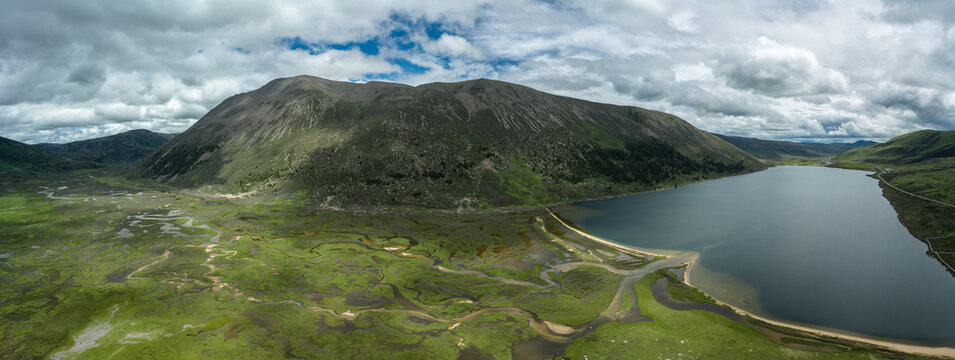 Aerial Panorama of Lalongcuo National Wetland Park: Braided River Systems, Alpine Lake and Pristine Meadows