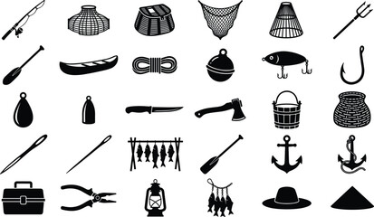Set of various fishing equipment and tools including nets, rods, hooks, and lures for outdoor sports © Fensi
