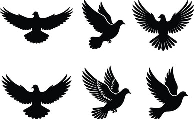 Naklejka premium Flying Dove Bird Silhouette Vector Collection Isolated on White Background for Peace Freedom and Nature Designs
