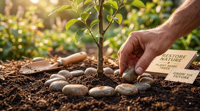 Hand planting seedling for ecological restoration with gardening tools environmental environmental signage visible