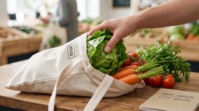Hand placing fresh organic vegetables in reusable eco friendly cloth bag with wooden table promoting