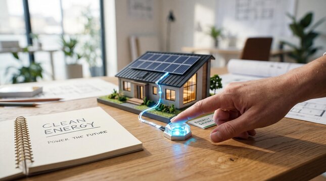 Person activating clean energy system on miniature sustainable house model with solar panels with person finger pressing