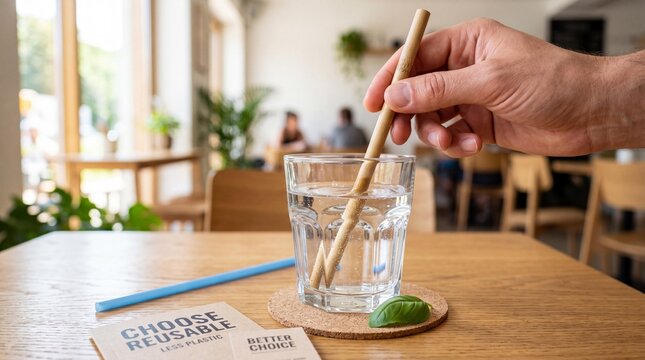 A hand stirring water with a bamboo straw on a wooden table in a cafe with eco friendly signage nearby