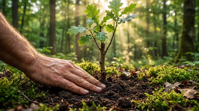 Hand planting sapling in forest soil nature conservation environment with sunlit forest with hand gently pressing
