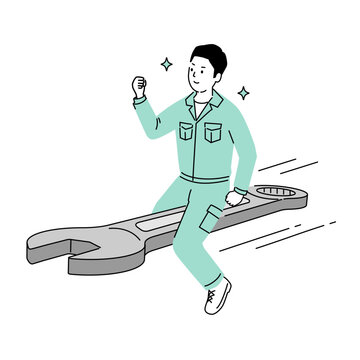 大きなスパナに乗って駆けつける作業員男性のイラスト、修理・メンテナンスサービス