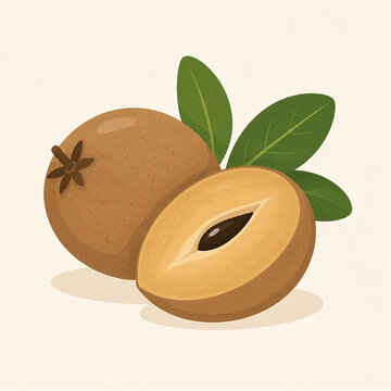 vector illustration The sapodilla (Manilkara zapota) is a tropical fruit with brown, rough-textured skin and sweet, soft flesh.