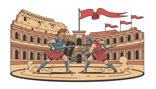 Two ancient Roman gladiators fighting with sword, shield, and trident inside the majestic Colosseum arena stadium.