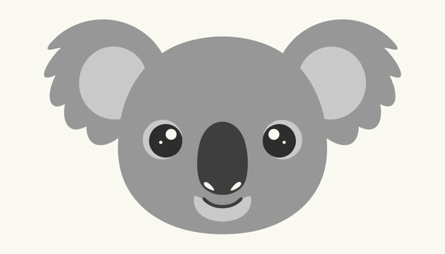 Minimalist vector portrait of grey koala face with dark ears, black nose, and sweet smile on white background.