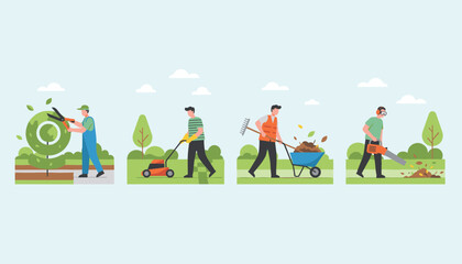 Fototapeta premium Set of four gardeners performing various landscaping tasks like trimming, lawn mowing, carrying compost, and blowing leaves.